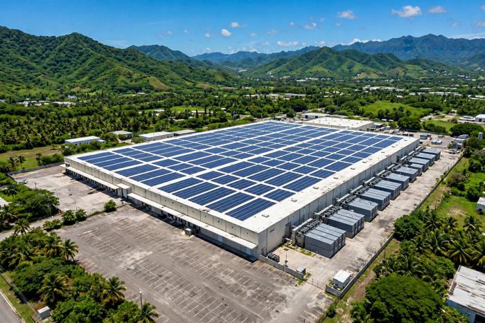Paneles solares en el techo de una nave industrial